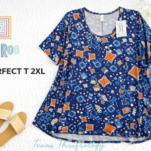 LuLaRoe Perfect T 2XL Geometric Print Blue Orange Relaxed Fit